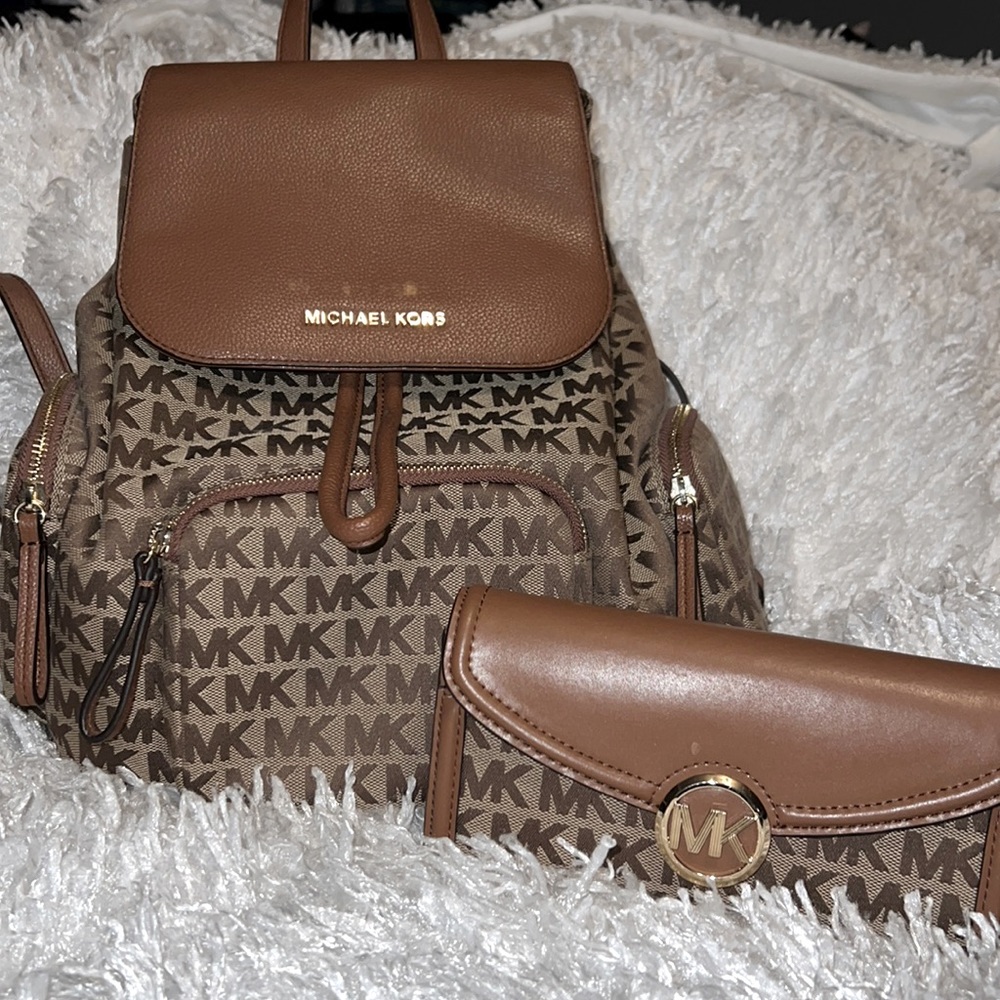 Michael Kors Abbey Large Logo Set Jacquard and Leather Backpack and Wallet